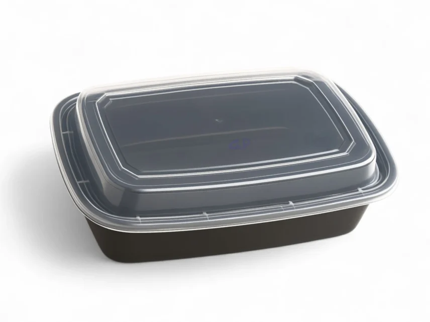 علب مستطيل اسود بغطاء شفاف 38oz